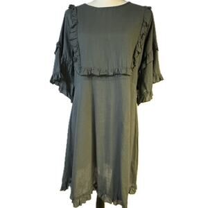 NEW Lido Porto Boho Lagonlook Short Dress Ruffled Yoke & Sleeves Gray Women M/L